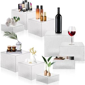 Suzile 9 Pcs Food Risers Buffet Risers Acrylic Display Box Cube 5 Sided Clear Display Riser with Hollow Bottoms for Party, 8 x 8 x 6 Inch, 7 x 7 x 4 Inch, 6 x 6 x 2 Inch (Crushed Ice Pattern)