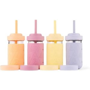 Elk and Friends Kids + Toddler Glass Cups | The Original 12oz Glass Mason Jar with Sleeves + Lids | Silicone Straws + Stopper | Smoothie Cup | Food Storage | Blush/Lilac/Peach/Lemon | 4 Pack