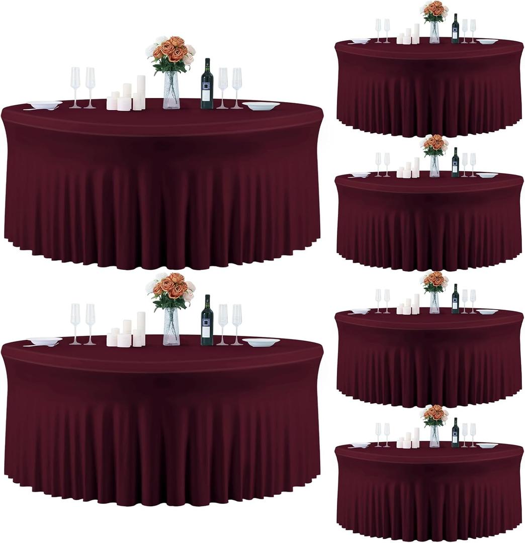 6 Pack Burgundy Round Tablecloth, Fitted Table Cloths for 6 foot Round Tables, 132 Inch Round Red Tablecloth Table Skirt for Wedding Birthday Photo Themed Party Banquet Holidays Red Party Decorations