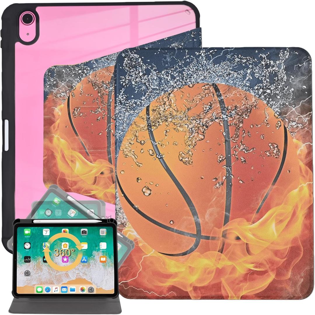 Rotating Case for iPad (A16) 11th/10th Generation 10.9'' inch 2025/2022, PU Leather Folding Stand Multiple Viewing Angles Protective Cover, Auto Sleep/Wake, Basketball ice and fire