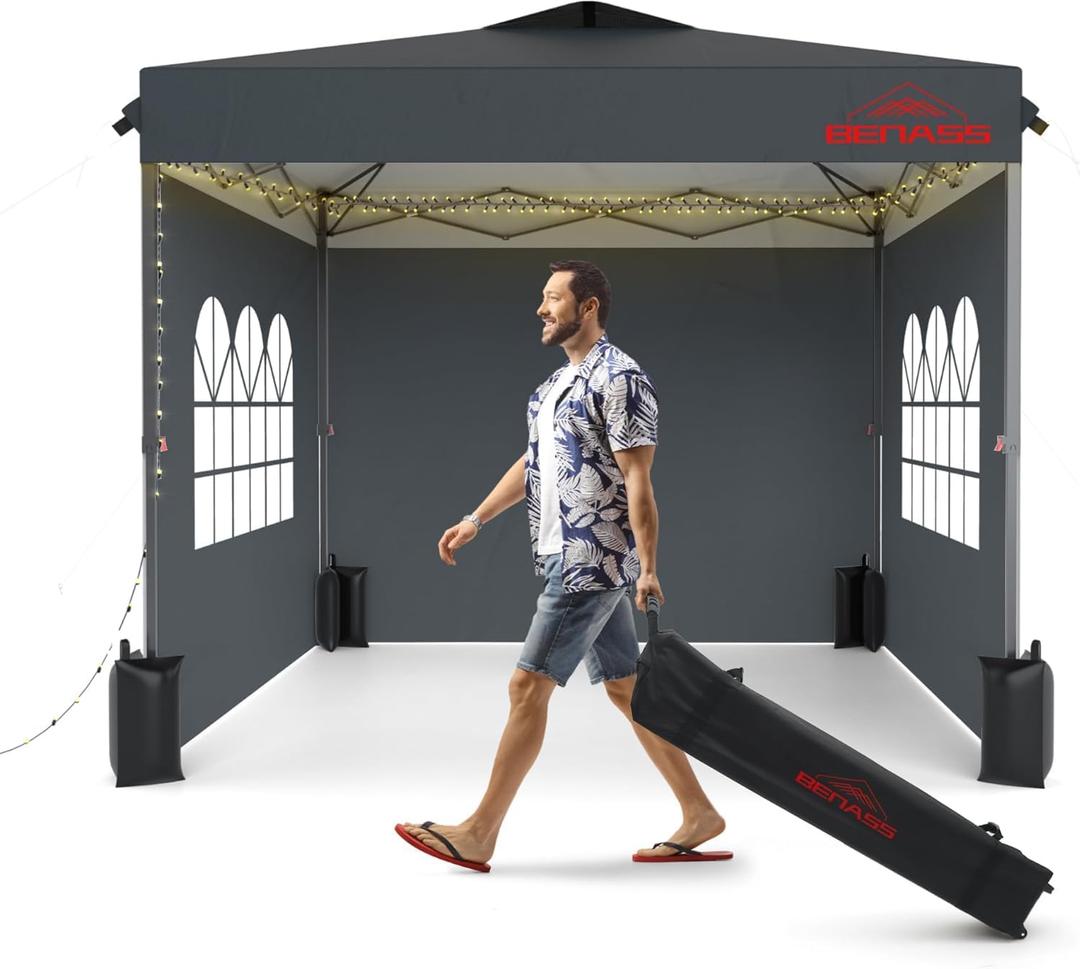 10x10 Pop Up Canopy with Sidewalls, Easy Up Canopy Tent, Heavy Duty Tents for Parties, One Person Set Up Event Tent, Grey
