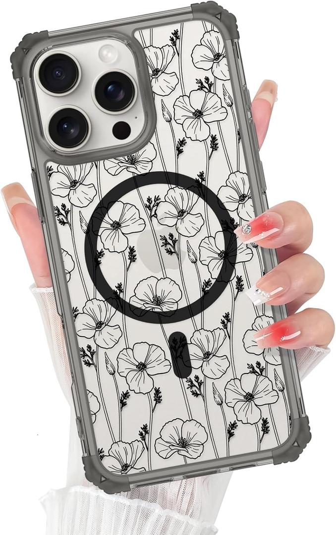 iPhone 16 Pro Max Case - Four-Corner Shockproof, Magnetic, Clear Black Flowers Design