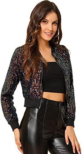 Allegra K Women Cropped Sequin Jacket 2025 Long Sleeve Front Zip Glitter Sparkly Bomber Jackets Party Disco Outfit Large