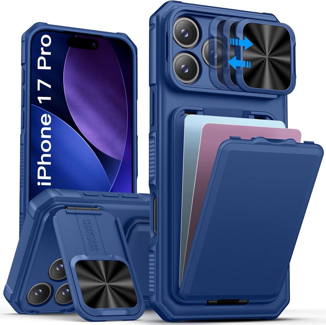 SSLOTSCASE for iPhone 17 Pro Case with Stand & Credit Card Holder & Sliding Camera Cover & Camera Stand & Wallet, Rugged Silicone Edge Protective Phone Case Cover for iPhone 17 Pro 6.3'' 5G 2025, Blue