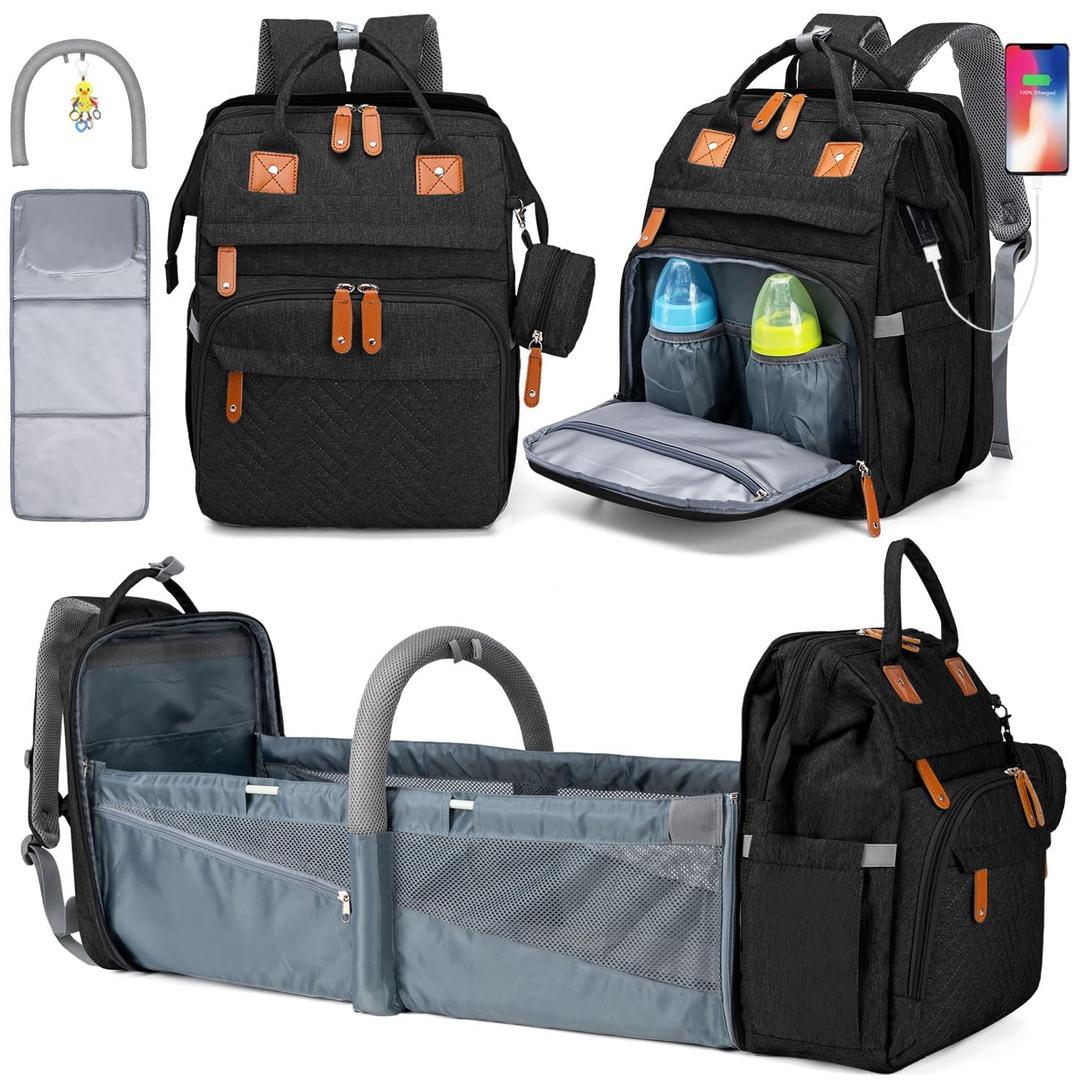 KABAQOO Diaper Bag Backpack with Detachable Changing Station, Large Capacity Baby Diaper Bags for Boys & Girls, Baby Registry Search Stuff & Shower Gifts, Newborn Essentials Must Haves, Black-2s