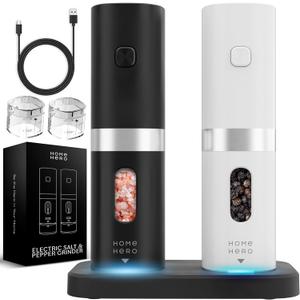 Home Hero Electric Salt and Pepper Grinder Set - Automatic Salt and Pepper Grinder Set Rechargeable. Electronic Salt and Pepper Shakers with LED Light, Electric Pepper Grinder & Salt Grinder, Set of 2 (White & Black)