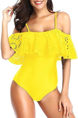Tempt Me Women One Piece Off Shoulder Lace Swimsuits Ruffle Flounce Hollow Bathing Suits Yellow XL