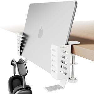 Desk Side Laptop Holder, Desk Side Storage, No Drill Side Desk Organizer, Side Desk Laptop Mount, Tablets Hanging Holder, Clamp on Desk Organizer for Laptops/Tablets/Keyboards/Headphone, White