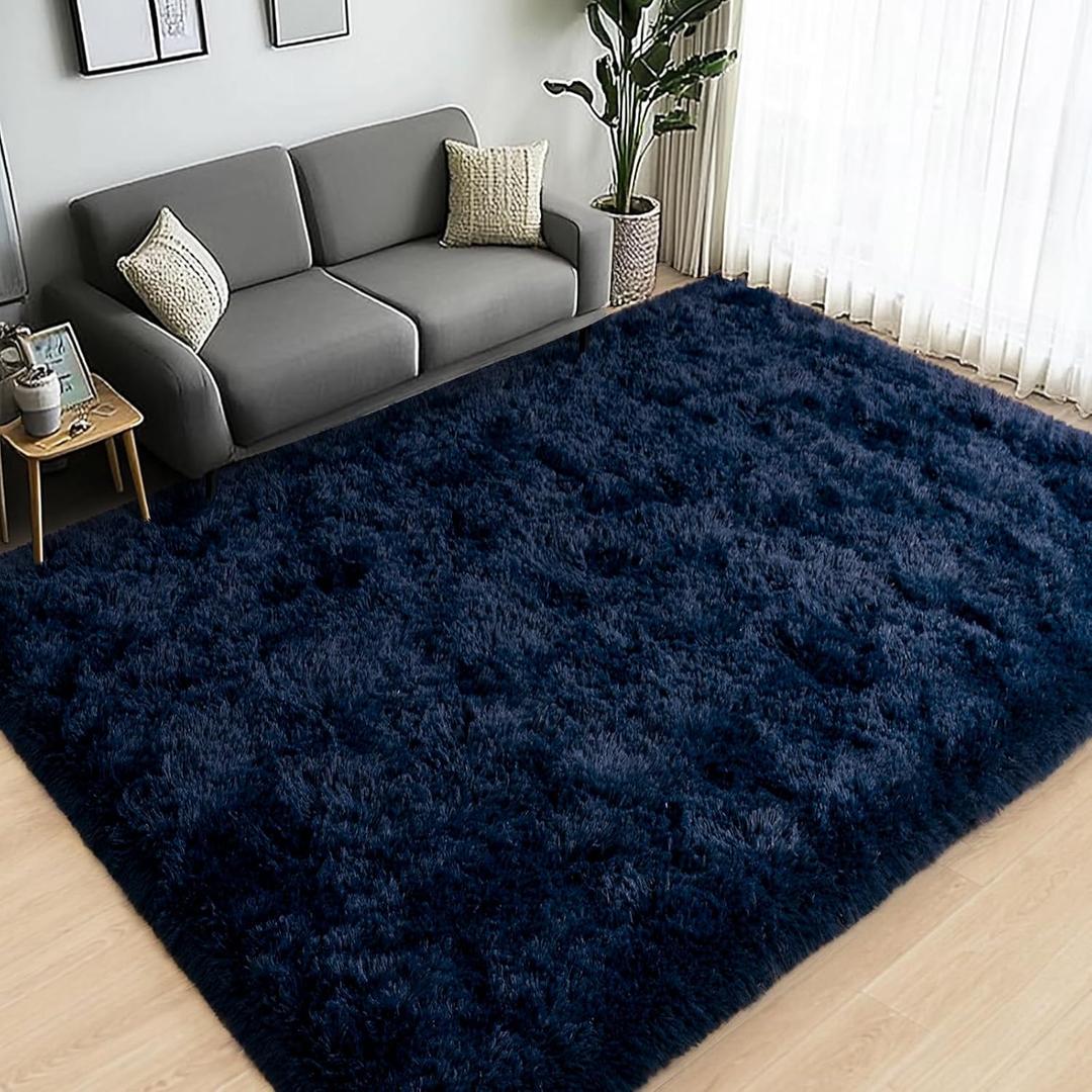 Large Area Rugs for Living Room Bedroom, 8x10 Feet Navy Blue Fluffy Shag Rugs, Ultra Soft Shaggy Plush Fuzzy Modern Indoor Throw Floor Carpet for Girls Boys Dorm Nursery Home Decor Aesthetic