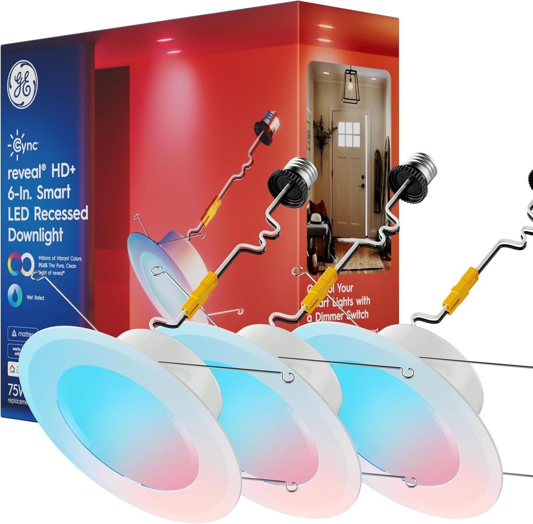 GE Cync Reveal HD+ Smart LED Recessed Downlight Fixture, Color Changing LED Light, Works with Alexa and Google Home, Matter Compatible, Ceiling Light Fixture, 6 Inch (3 Pack)