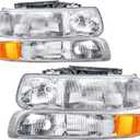 Headlight Assembly Crystal Compatible with 99-02 Chevy Silverado 00-06 Suburban Tahoe Halogen Headlights Replacement, Chrome Housing Amber Reflector
