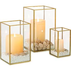 NUPTIO Hurricane Glass Candle Holders: 3Pcs Gold Lanterns Candle Holder for Pillar Candles Geometric Table Centerpiece for Outdoor & Indoor Wedding Christmas Holiday Party Decor 8.1 & 6.5 & 4.7 inch