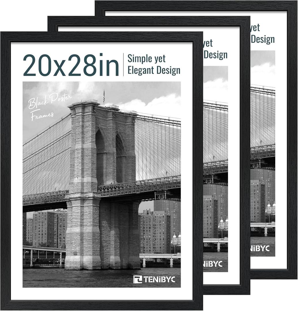 20x28 Picture Frame Set of 3 - Black Woodgrain, Solid Wood Gallery Poster Frame - Wall Hanging