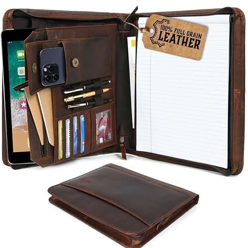 Leather Portfolio for Men, Portfolio Organizer with Zipper for Men Women, Leather Padfolios Business Resume Legal Pad Notebook Binder for A4/Pad (Brown)