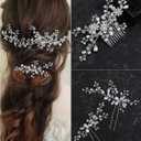 Hair Comb - Brides Rhinestone Flowers Hair Pins Bridal Wedding Hair Accessories Hair Piece Jewelry Headpiece for Brides Women and Girls Proms (3PCS, Silver+Silver)