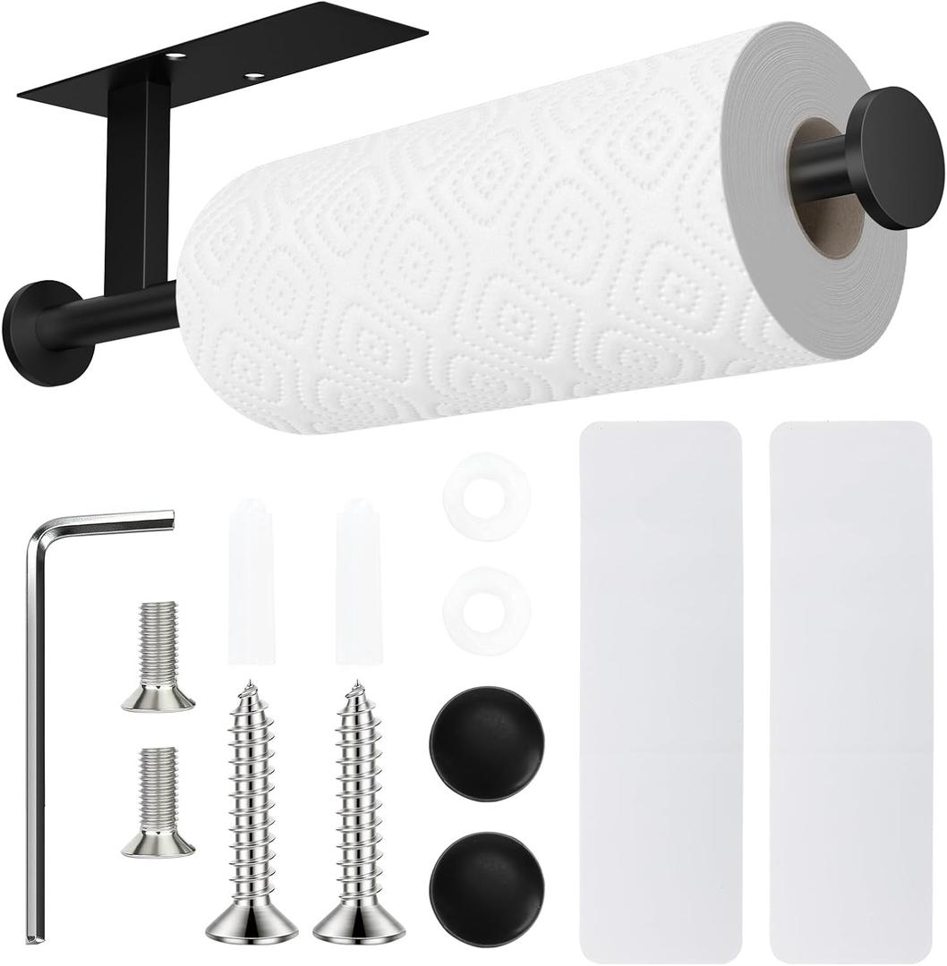 Paper Towel Holder Wall Mount - Self Adhesive No Drill or Drilling, SUS304 Stainless Steel - Kitchen, Bathroom, Sink, Pantry, Fridge(Black), 13.9*3.75