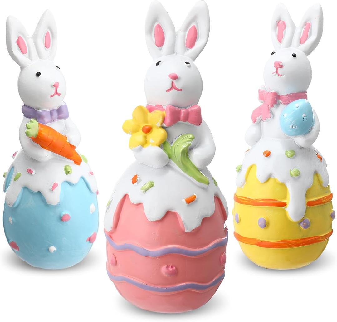 Wesiti 3 Pcs Easter Bunny Decorations Resin Easter Egg Figurines Spring Easter Rabbit Egg Flower Carrot Tabletop Decor for Easter Party Gifts Indoor Centerpieces Decorations
