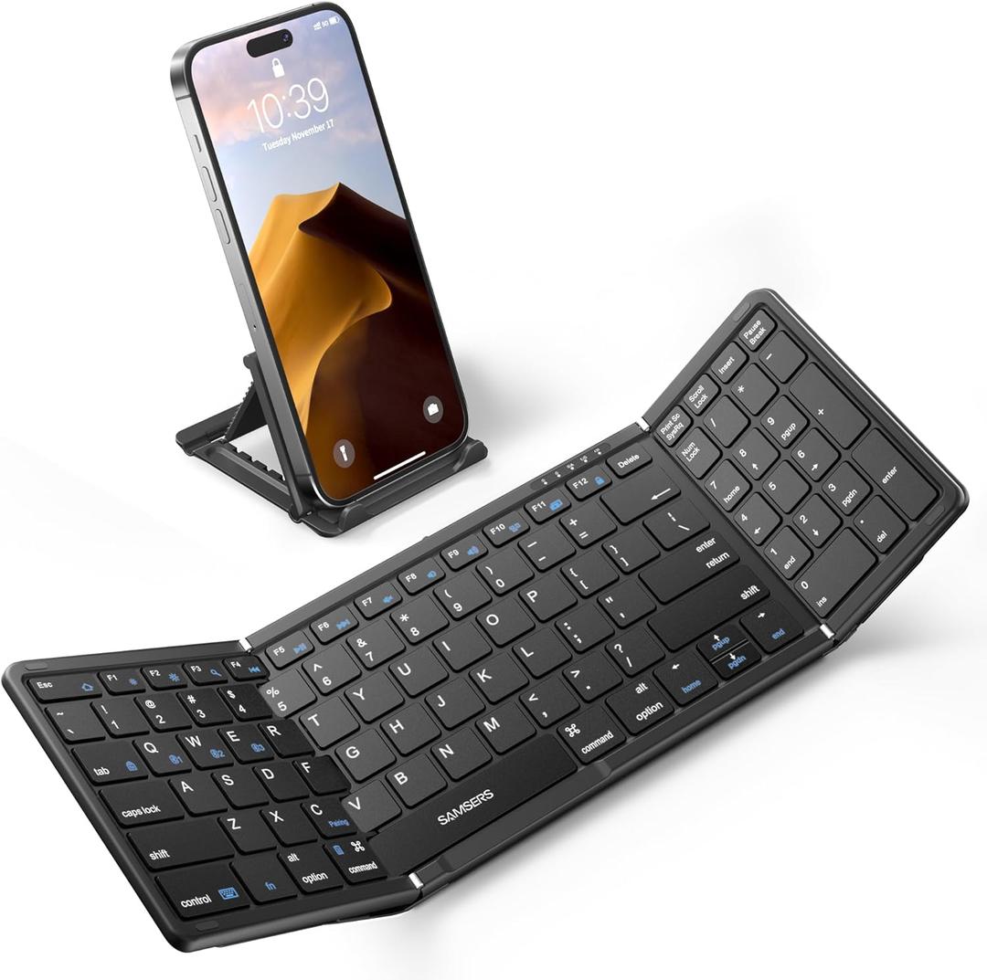 Samsers Foldable Bluetooth Keyboard with Numeric Keypad, FullSize Wireless Folding Keyboards with Backlight, Portable Travel for iOS Android Windows Mac OS, Support 3 Device(BT5.1 x 3), Black