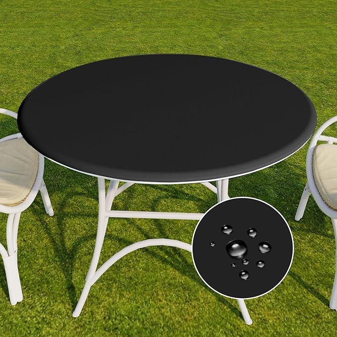 Romanstile Round Vinyl Tablecloth, 100% Waterproof Elastic Fitted Table Covers for 36"- 44" Tables, Wipeable Flannel Backed Plastic Table Cloths for Picnic, Camping, Outdoor - Black