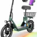 Hiboy Q2 Adult Electric Scooter with Seat & Phone Holder – 500W Motor, 22mi Range, 14" Wheels, Dual Suspension, Neon Lights, Foldable for Commute, Forest Green