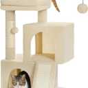 PAWZ Road Cat Tree, 30 Inches Cat Tower with Dual Condos for Indoor Cats, Plush Cat House with Padded Perch, Scratching Ramp and Posts and Replaceable Balls-Beige