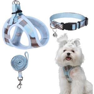 EXPAWLORER Classic Plaid Puppy Harness - Small Dog Collar and Leash with AirTag Holder Case - Soft Mesh Padded Adjustable Dog Vest Harness No Pull, Reflective Escape Proof for Outdoor, Blue S