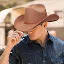 AQOKKA Western Cowboy Hats for Women Classic Felt Wide Brim Fedora Hat with Belt Buckle Retro Panama Hat Unisex Rolled up Cap