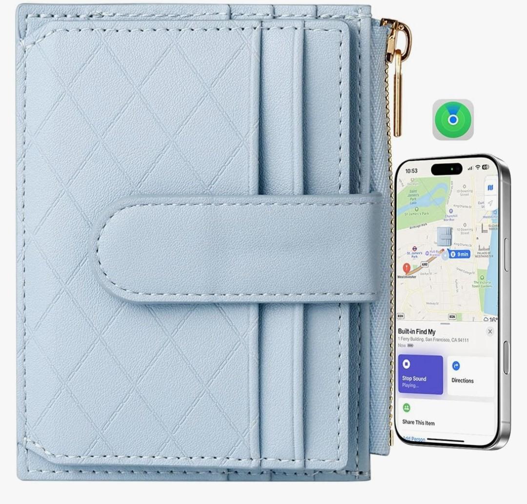 Women's Wallet Built-in Anti-Loss Tracker, RFID Blocking Small Compact Card Holder Wallet for Women Soft PU Leather Bifold Pocket Wallet Ladies Mini Purse with Zipper Pocket, ID Window (Light Blue)