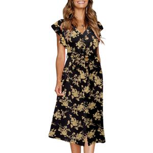 MITILLY Women's Boho Polka Dot Flutter Short Sleeve V Neck Button Down Swing Midi Dress with Pockets, Floral, XL