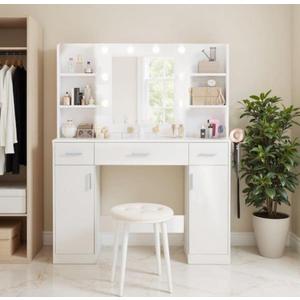 2-Cabinet White Makeup Vanity Dressing Table with Adjustable Mirror, 6-Shelves Power Outlet, for Women Girls Bedroom