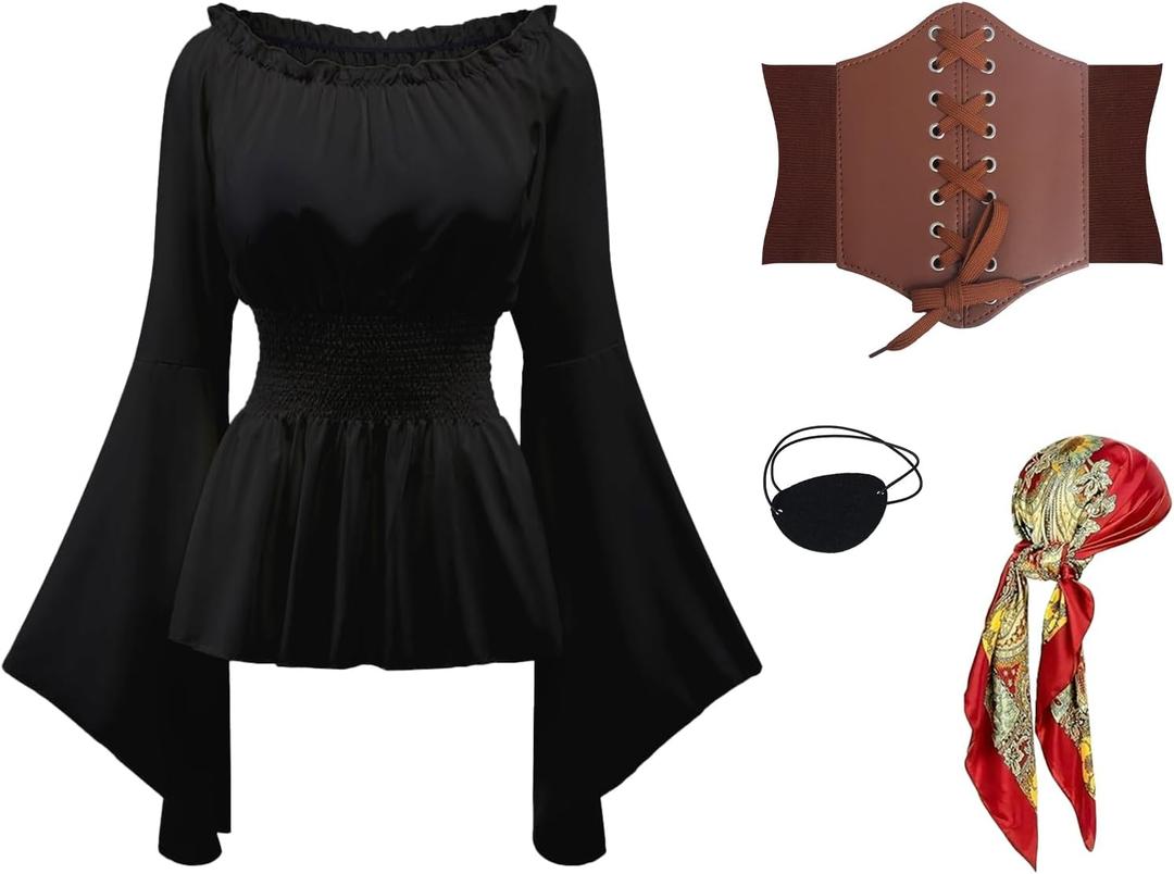 4Pcs Pirate Costume Women-Include Renaissance Shirt Top Women,Pirate Corset Bandana-Halloween Carnival Cosplay Outfit (X-Small, Black)