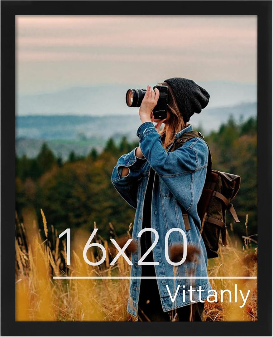 Vittanly 16x20 Picture Frame for Wall, Plexiglass, Displays Poster 11x14 with Mat or 16x20 without Mat, PVC Frame Material, Horizontal or Vertical Hanging, 1 Pack, Black (16x20, Black)