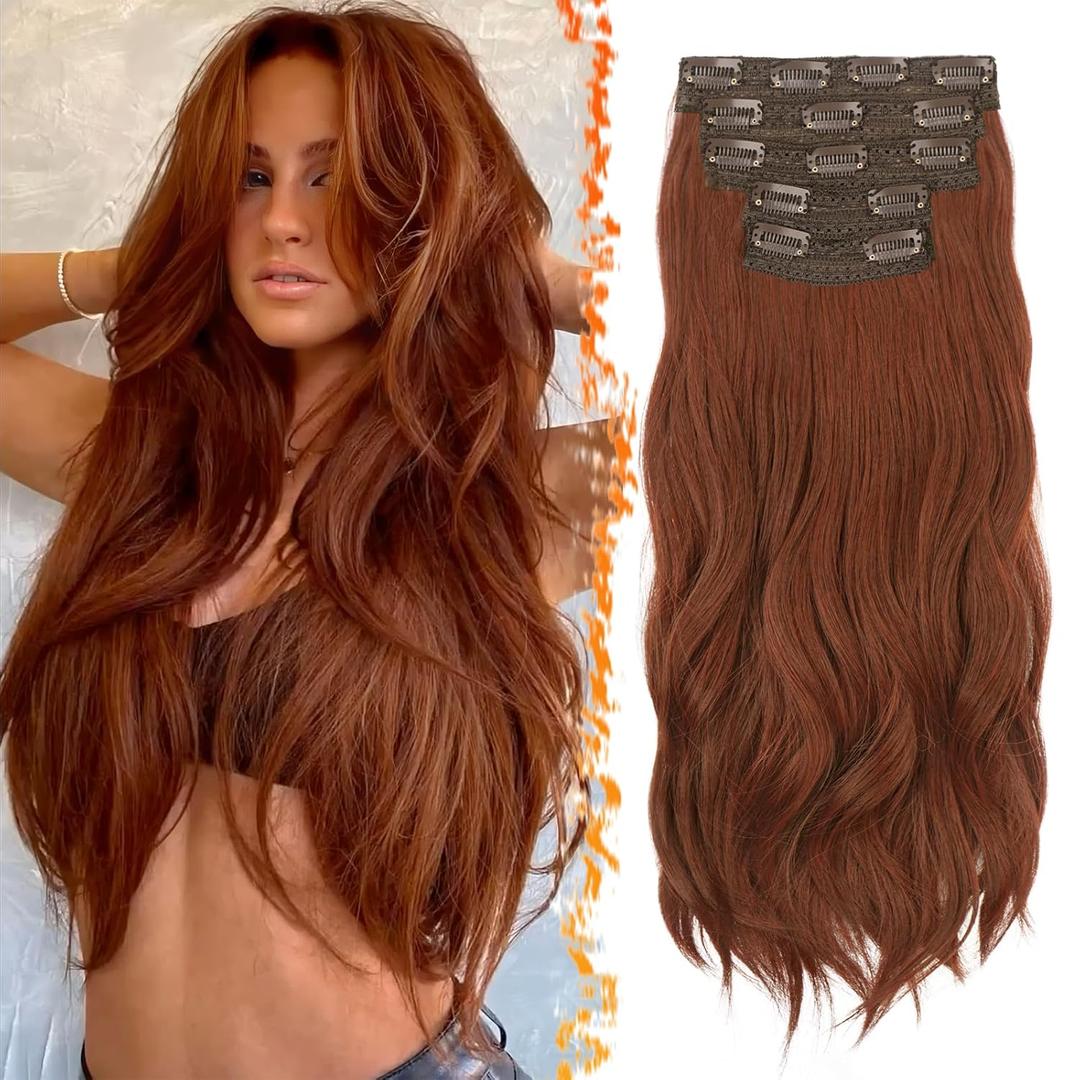 BARSDAR Medium Auburn Clip in Hair Extensions - 20 Inch Loose Wavy Clip in Hair Extensions for Women, 5 PCS Thick Layered Lace Weft Voluminous Easy Wear Soft Synthetic Auburn Hairpieces