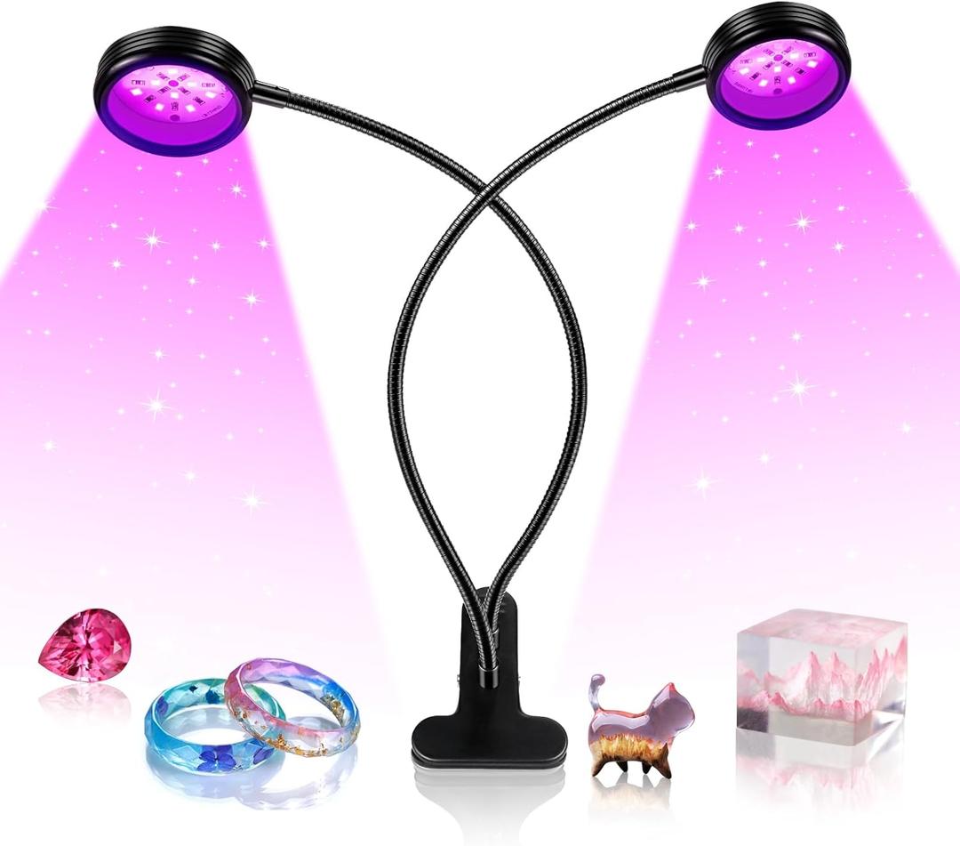 YGS-Tech LED Black Light Dual Head, 10W UV Resin Light Fixture with Clamp, 395-405nm UV Gooseneck Lamp USB Powered for Blacklight Party, Stage Lighting, Resin Cure, 3D Print, Glow in The Dark (Round)