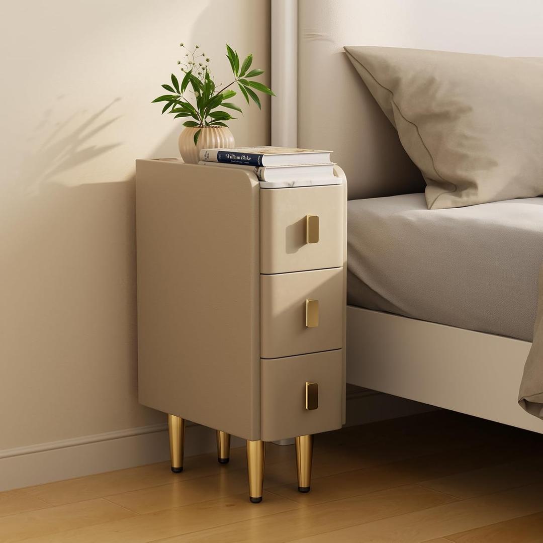 Narrow Nightstand with Drawers, Narrow Side Table Leather, Small Bedside Tables for Bedroom. (Beige) (7.8"W x 15"D x 22.8"H)