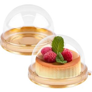 Zezzxu 100 Pack Mini Cake Containers, Clear Plastic Small Cupcake Boxes with Dome Lids for Individual Chocolate Covered Cookies, Strawberry, Mooncake (Gold)