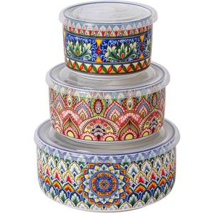 Henten Home Ceramic Serving Bowls with Lid, Colorful Nesting Bowl Set of 3, Porcelain Boho Bowls for Prep, Food Storage, Meals, Microwave & Dishwasher Safe, 10/20/32 oz