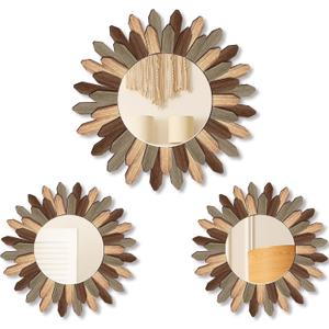 3 Pcs Boho Wall Decor Round Sunburst Mirror Boho Circle Mirror with Rustic Wood Frame Decorative Hanging Wall Art for Farmhouse Home Decor,17 Inch and 12 Inch(Tril Color)
