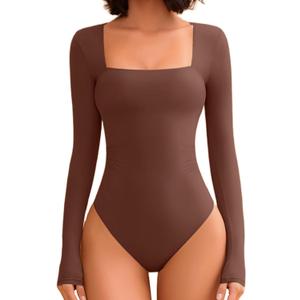 Avidlove Bodysuits for Women Sexy Long Sleeve Bodysuit Square Neck Double Lined Ruched Snap Closure Bodysuit Tops (Large, Brown)