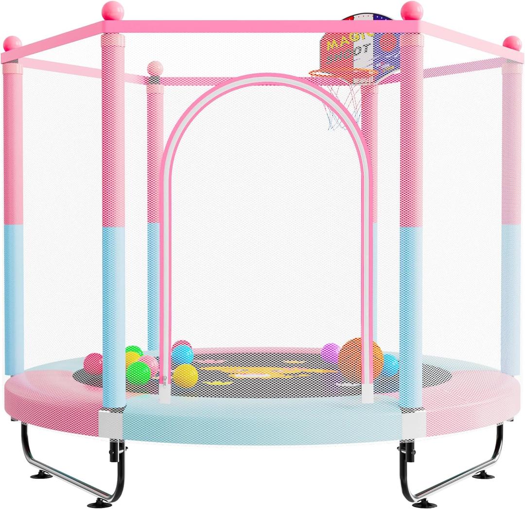 60" Trampoline for Kids, 5 FT Indoor & Outdoor Toddler Baby Trampoline with Basketball Hoop, Safety Enclosure, Birthday Gifts for Kids, Gifts for Boy and Girl, Age 3-8 (Pink/Blue)