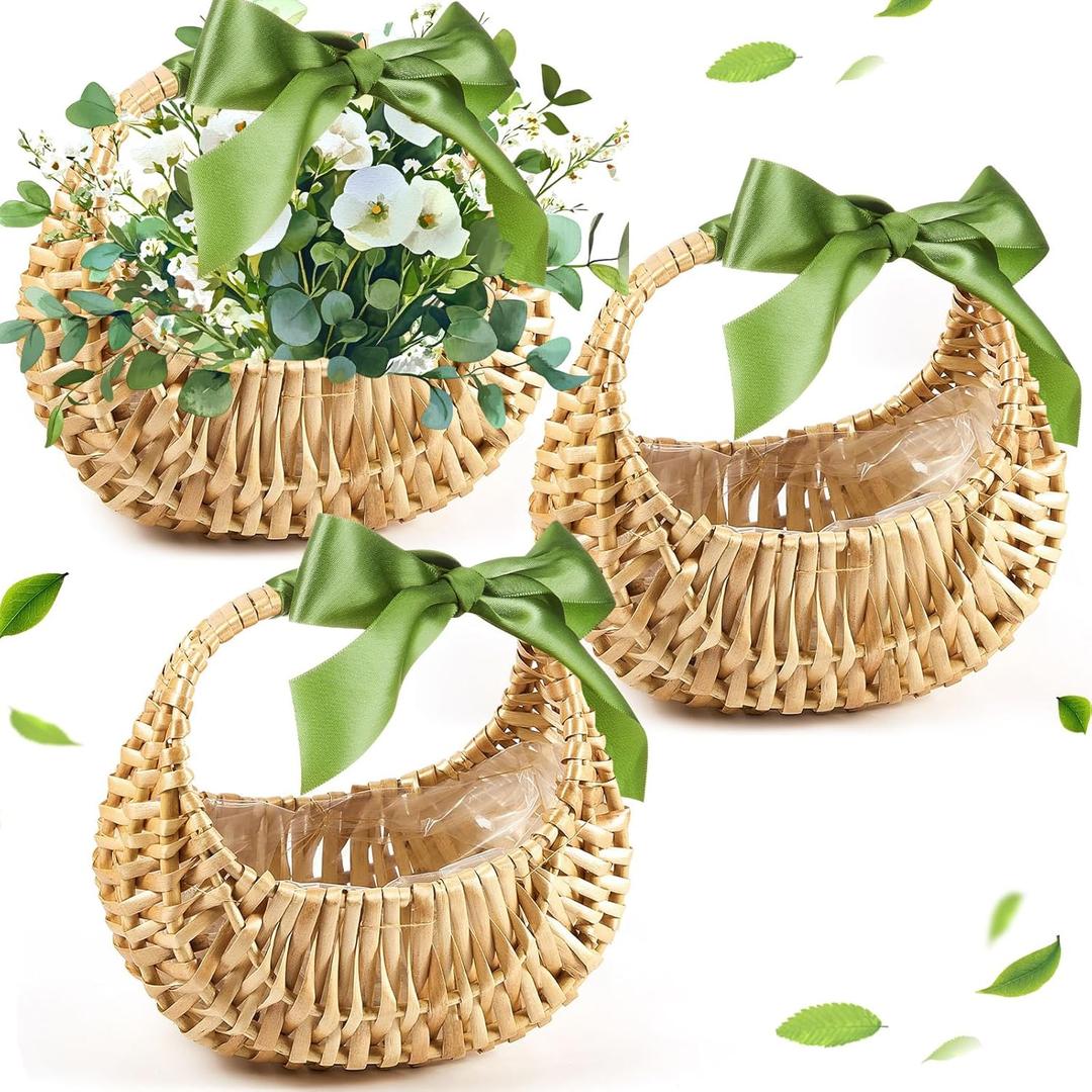 Taiyin Rattan Flower Girl Basket Small Half Moon Straw Wicker Basket with Handle Ideal for Wedding Flower Girl,Picnic,Garden Storage and Home Decor (Green Ribbon)