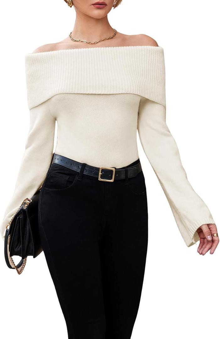 GORGLITTER Women's Off The Shoulder Sweater Long Sleeve Ribbed Knit Pullover Top Trendy Fall Outfits 2025 (Medium)