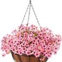 Artificial Spring Hanging Flowers in Basket for Home Decoration Faux Orchid Arrangement Porch Plants Coconut Lining Basket for Autumn Courtyard Decor(Pink, 1 Pack)
