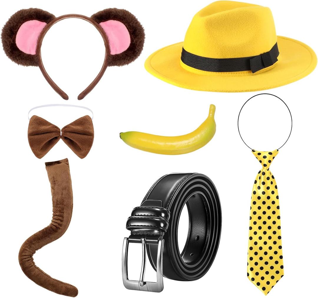 7 Pcs Halloween Couple Costume Set Monkey Ear Tail and Yellow Hat Outfit for Man Woman Curious Cosplay Accessories