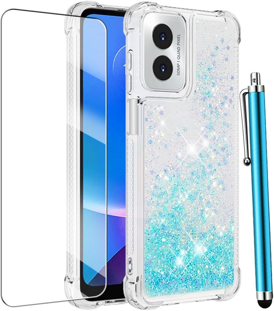 for Moto G Play 2024 Case with Screen Protector, Women Girls Cute Glitter Bling Liquid Floating Phone Case Slim TPU Silicone Shockproof Cover for Motorola Moto G Play 2024 -Blue