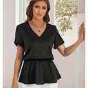 FAIRY CORA Womens Summer Tops Short Sleeve Blouses for Women Business Casual Office V Neck Satin Work Shirts Large