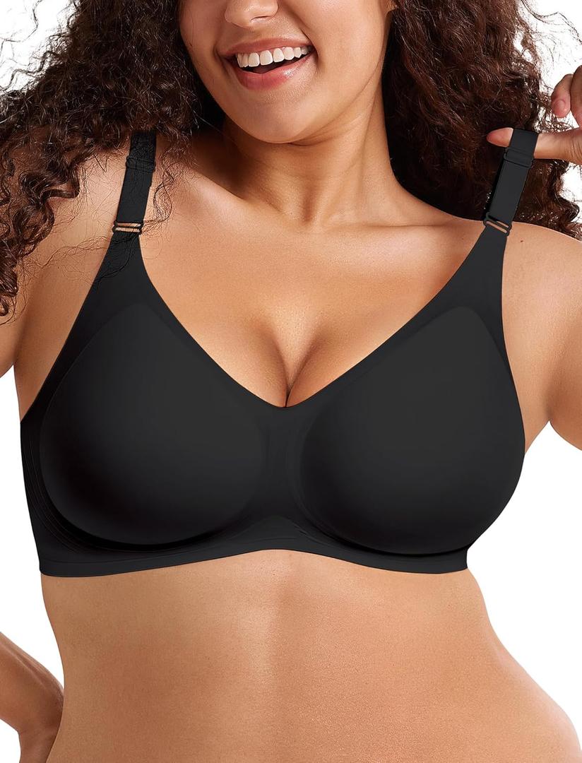 Push Up Seamless Bras for Women No Underwire Support and Lift V Neck Wireless Full Coverage Bralettes Everyday Bras (Medium, Black)