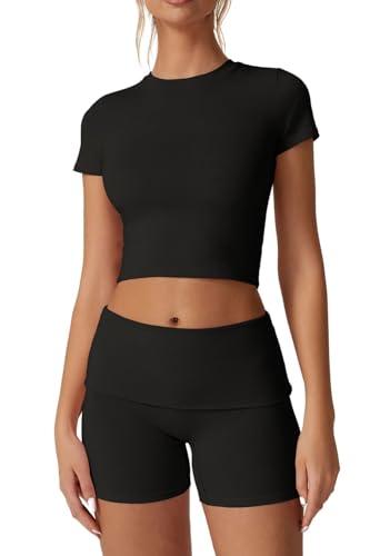 QINSEN Lounge Sets for Women 2 Piece Outfits Cropped Crew Neck Tops Fold Over Shorts Casual Loungewear Black S