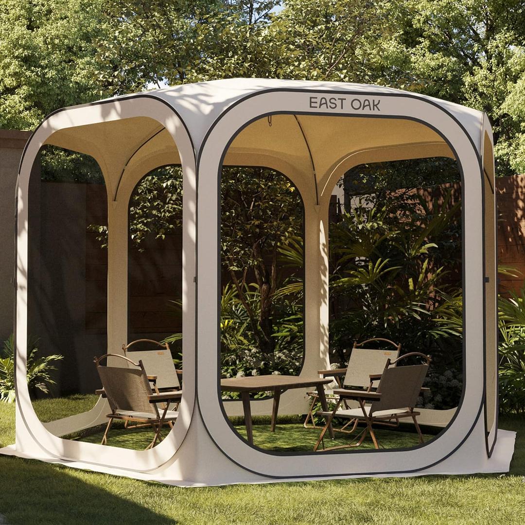 East Oak Screen House Tent Pop-Up, Portable Screen Room Canopy Instant Screen Tent 10 x 10 FT with Carry Bag for Patio, Backyard, Deck & Outdoor Activities, Beige, 1010 FT