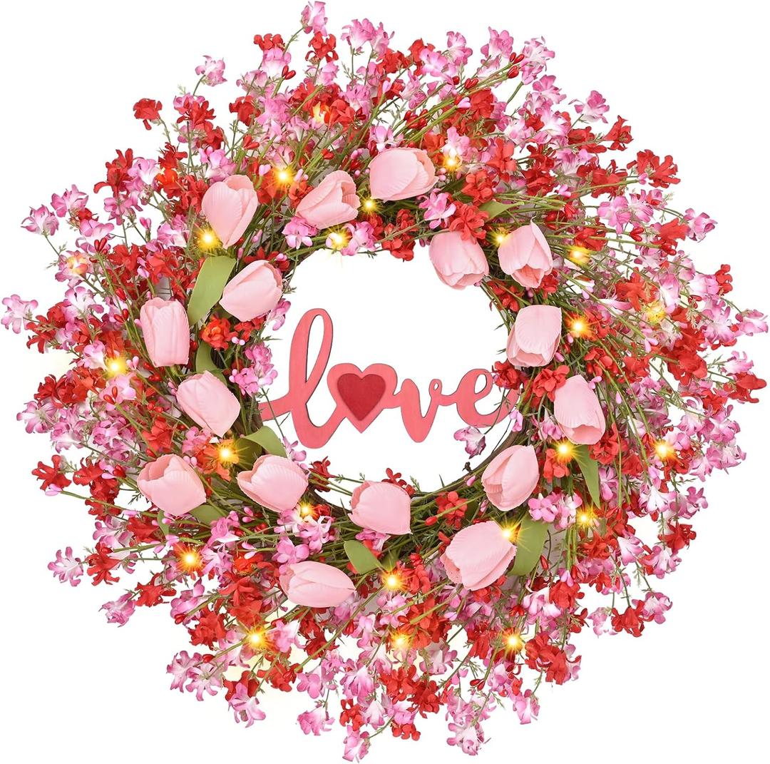 22IN Valentines Day Wreath Decorations, Wreath for Front Door, Pink Tulip Valentine, Spring Summer for Valentine's Home Party Table Window Gifts Decor